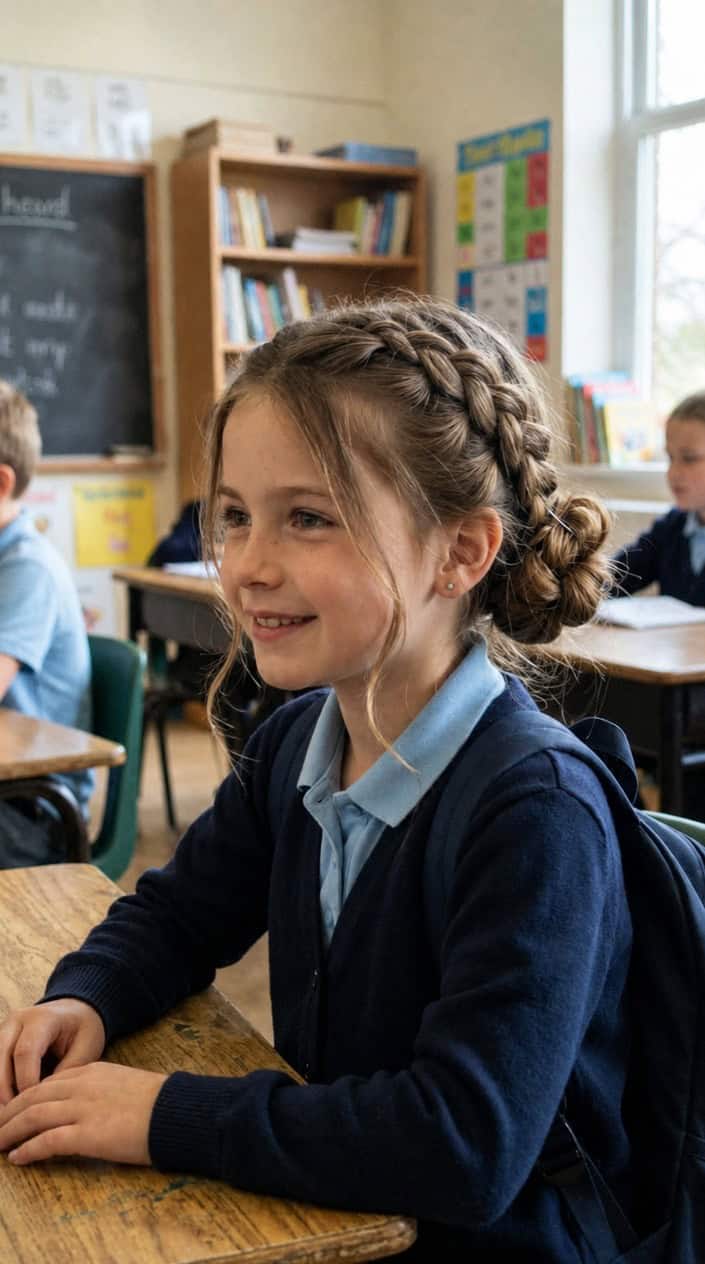 Young girl with braided hair sitting and smiling in a bright room.