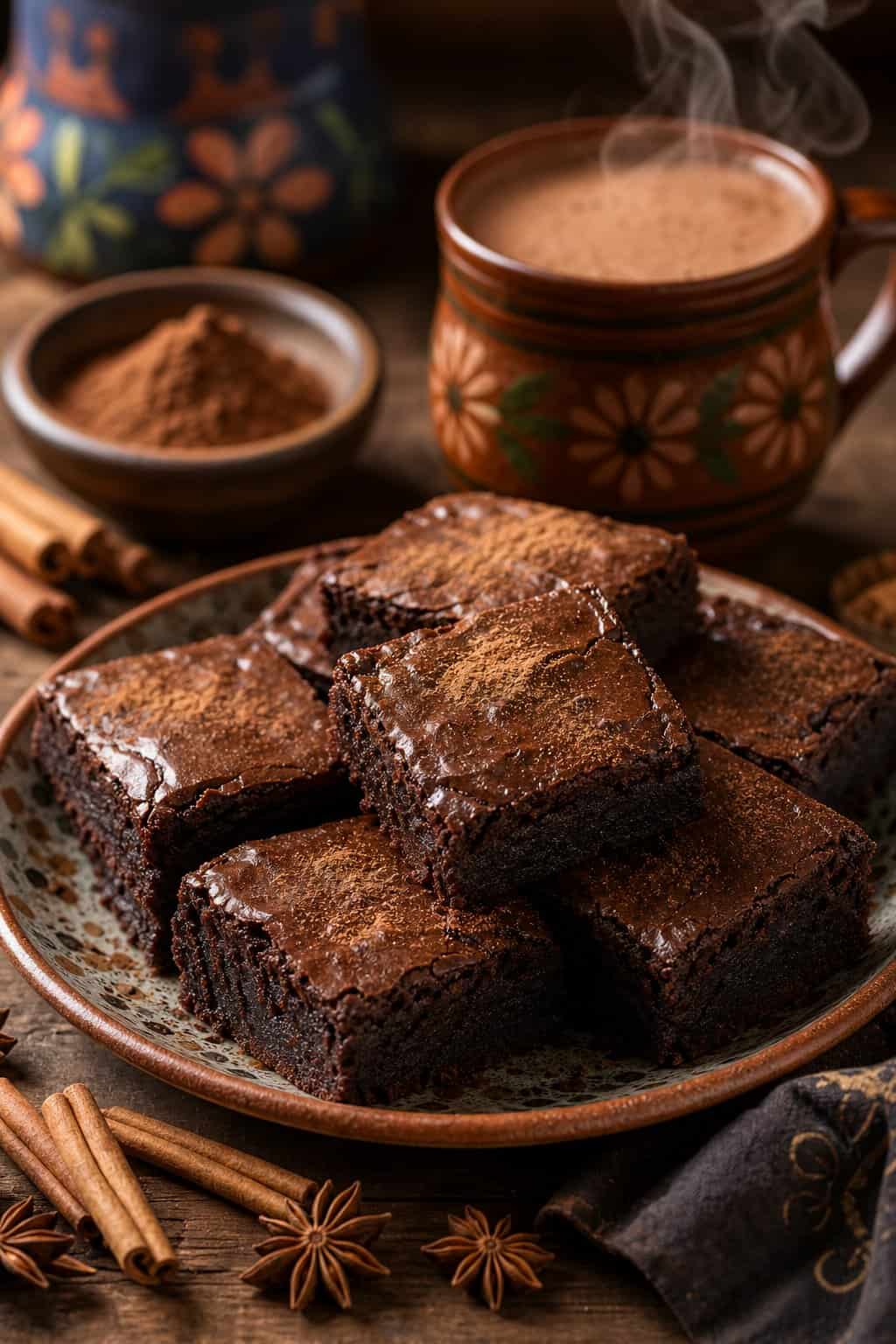 A plate of square Mexican hot chocolate brownies on a wooden table with cinnamon sticks, cocoa powder, and a steaming cup of hot chocolate nearby.