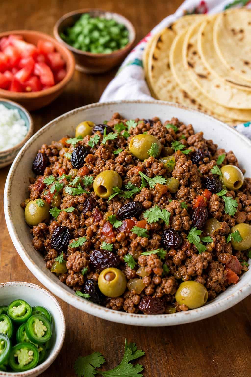 A bowl of Mexican picadillo with ground beef, raisins, and olives, served with corn tortillas and fresh garnishes on a wooden table.
