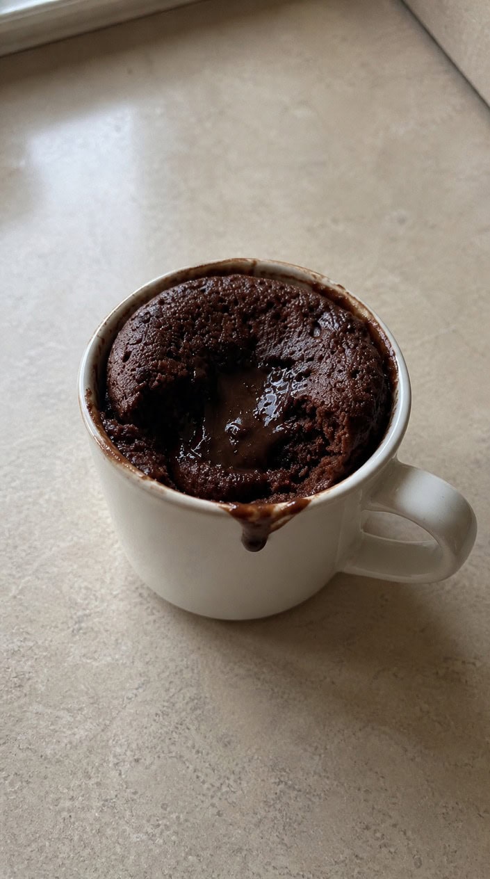A thick white ceramic mug filled with chocolate lava cake, molten chocolate pooling at the center where the top has just broken open, set on a weathered wood table beside a small spoon and a few scattered chocolate chips.
