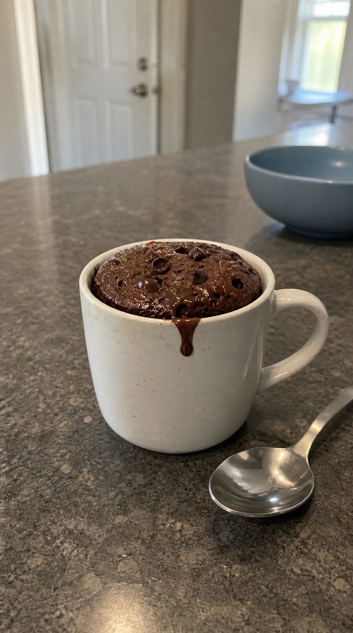 A dark chocolate mug cake baked directly in a cream-colored ceramic mug, topped with a few melted chocolate chips, resting on a wooden surface with a silver spoon nearby.