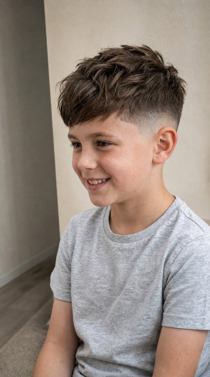 A young boy with short hair smiling in a studio setting.