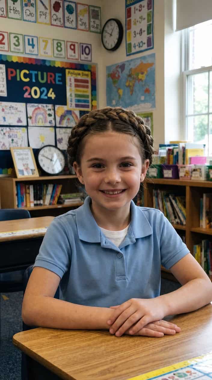A young girl sitting in a classroom smiling with her hair braided and pinned neatly.