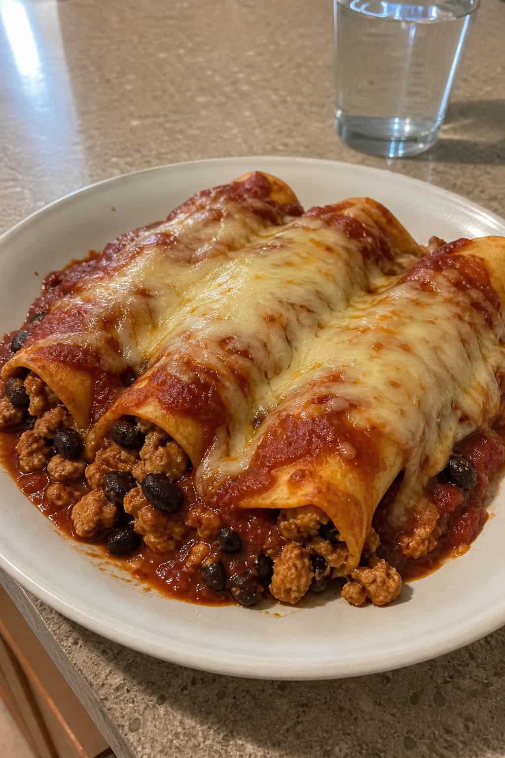 Plate of minced chicken and black bean enchiladas topped with melted cheese and garnished with cilantro and avocado slices on a wooden table.