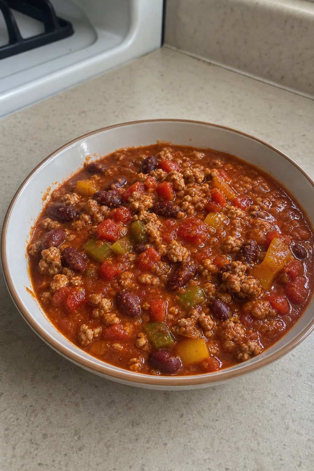 A bowl of minced chicken chili with beans garnished with cilantro and green onions on a wooden table.