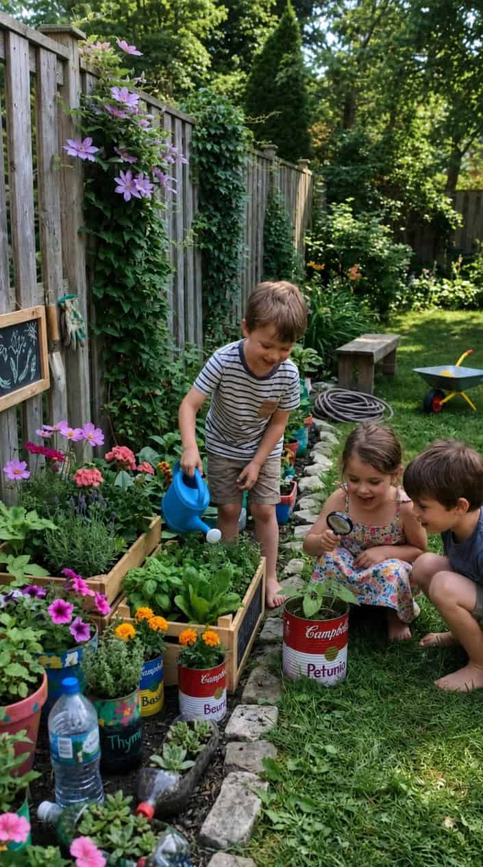 Children playing and gardening in a small backyard with plants growing in recycled containers on a sunny day.