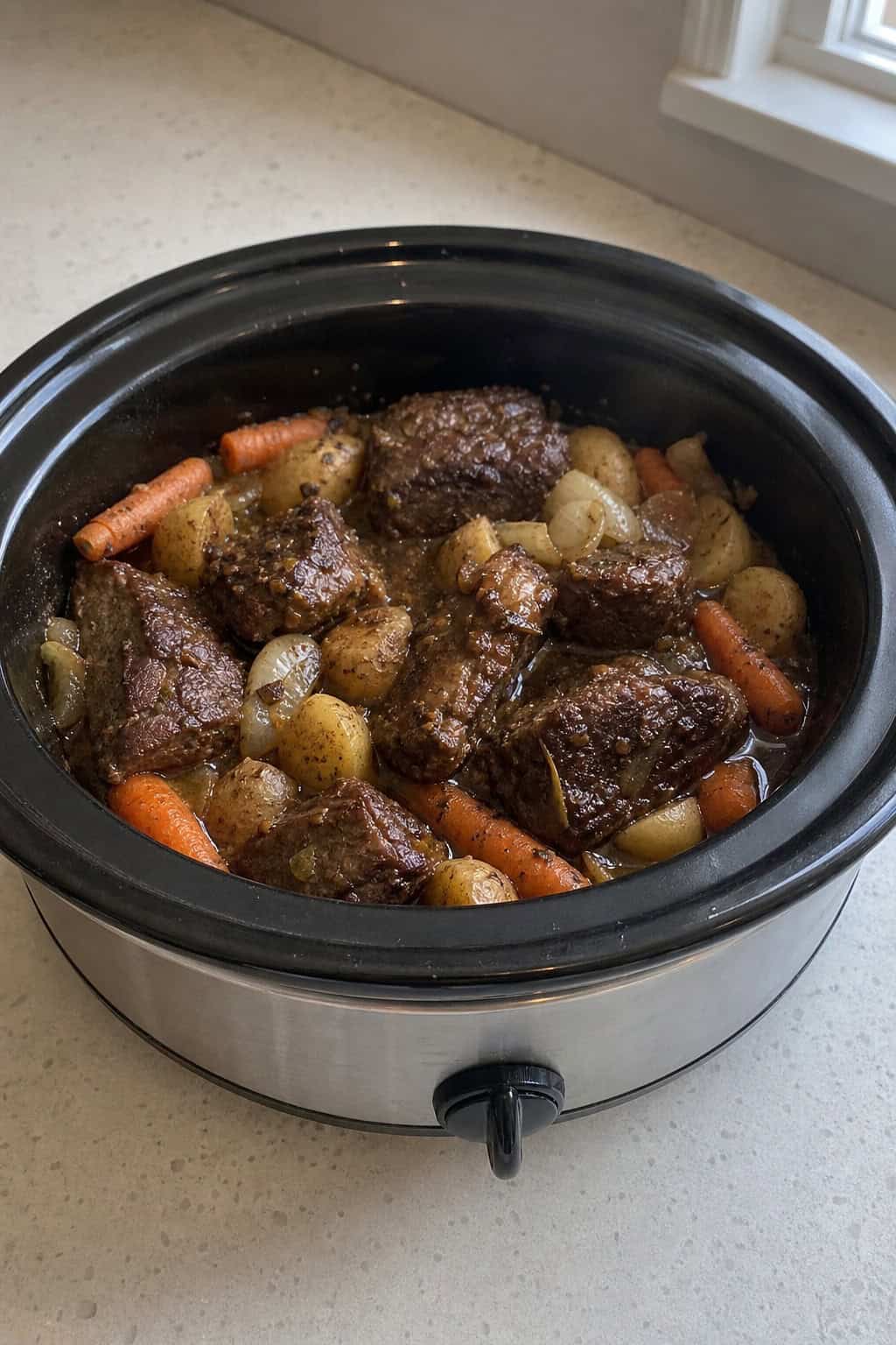 Slow cooker with mini beef pot roasts and fresh carrots with green tops arranged on a kitchen countertop.
