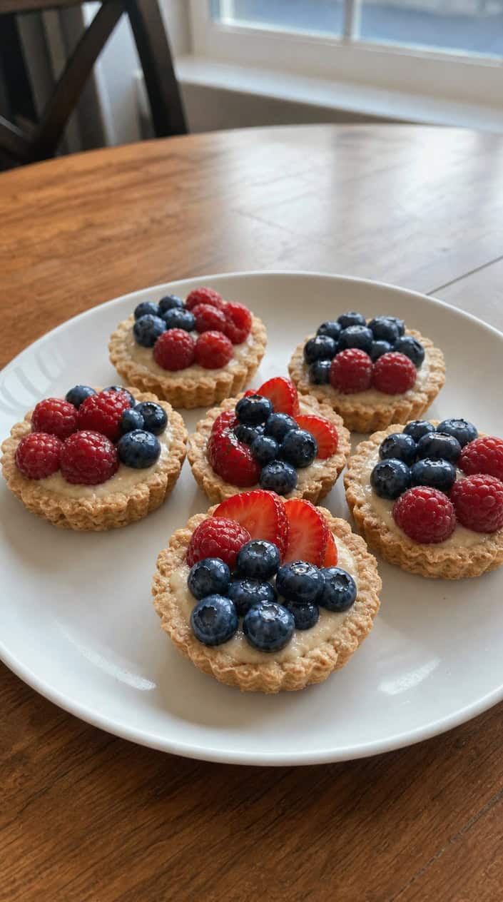 Plate of mini berry tarts with almond crust topped with fresh blueberries, raspberries, and strawberries on a wooden table with subtle Fourth of July decorations.
