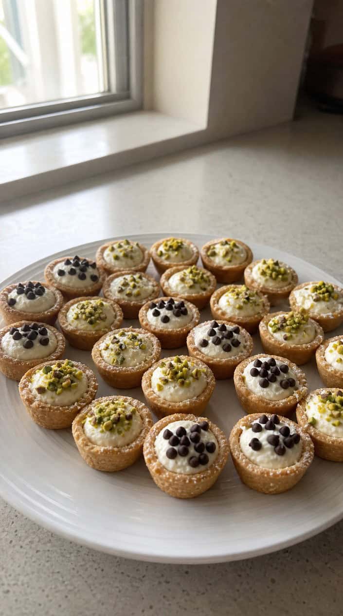 Eight crispy golden phyllo cups on a wooden board, each filled with a generous spoonful of creamy ricotta dotted with mini chocolate chips and a few crushed pistachios on top, photographed on a kitchen counter.