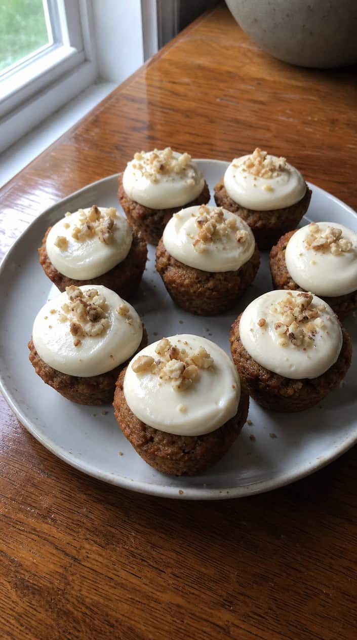 A dozen mini carrot cake muffins on a round wooden plate, each topped with a small swirl of white cream cheese frosting, with a bag of flour and a grater visible in the background.