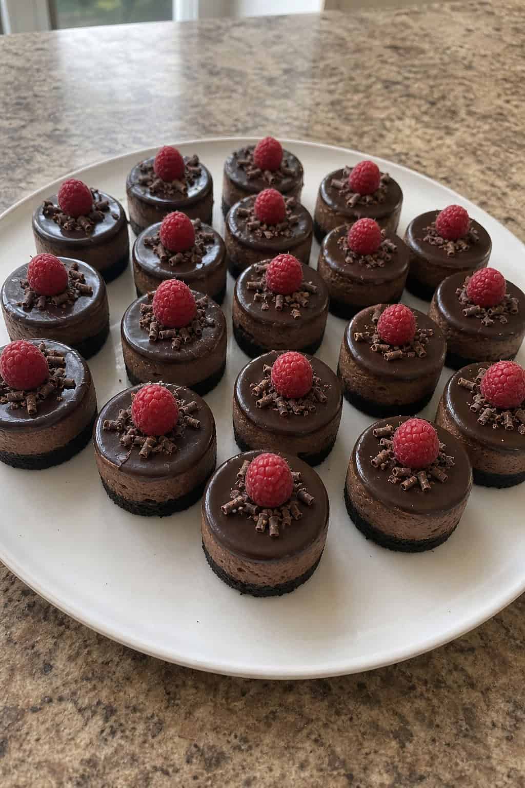 A platter of 22 mini chocolate ganache cheesecakes garnished with chocolate shavings and raspberries on a wooden table with a blurred festive background.