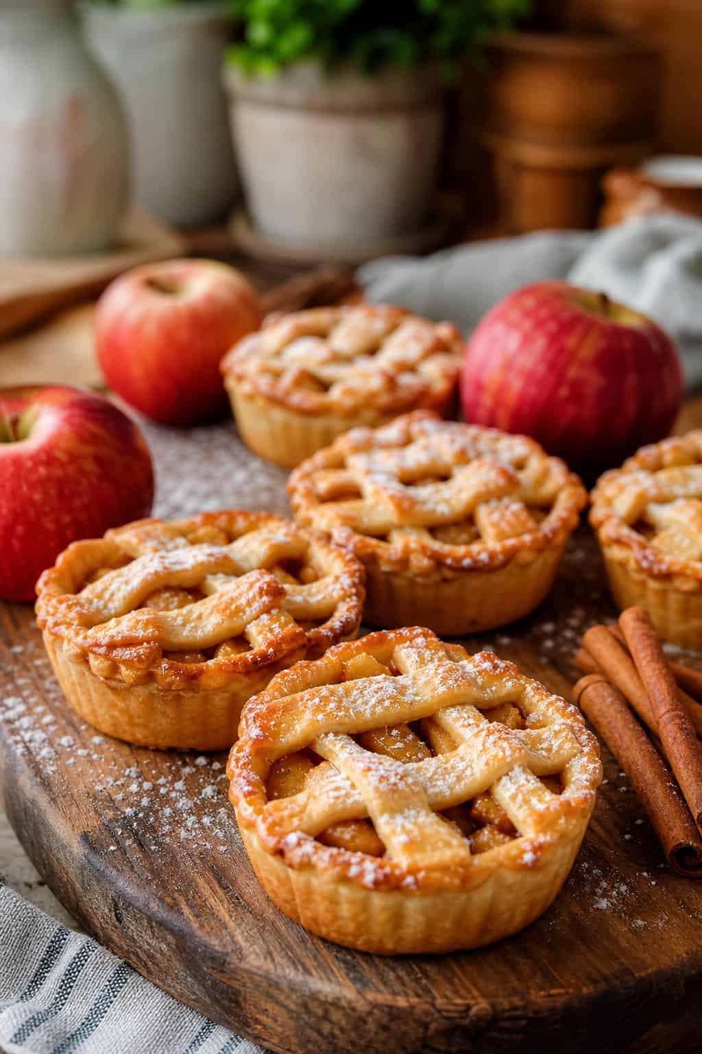 Close-up of several mini Dutch apple pies on a wooden board with apples and cinnamon sticks nearby.