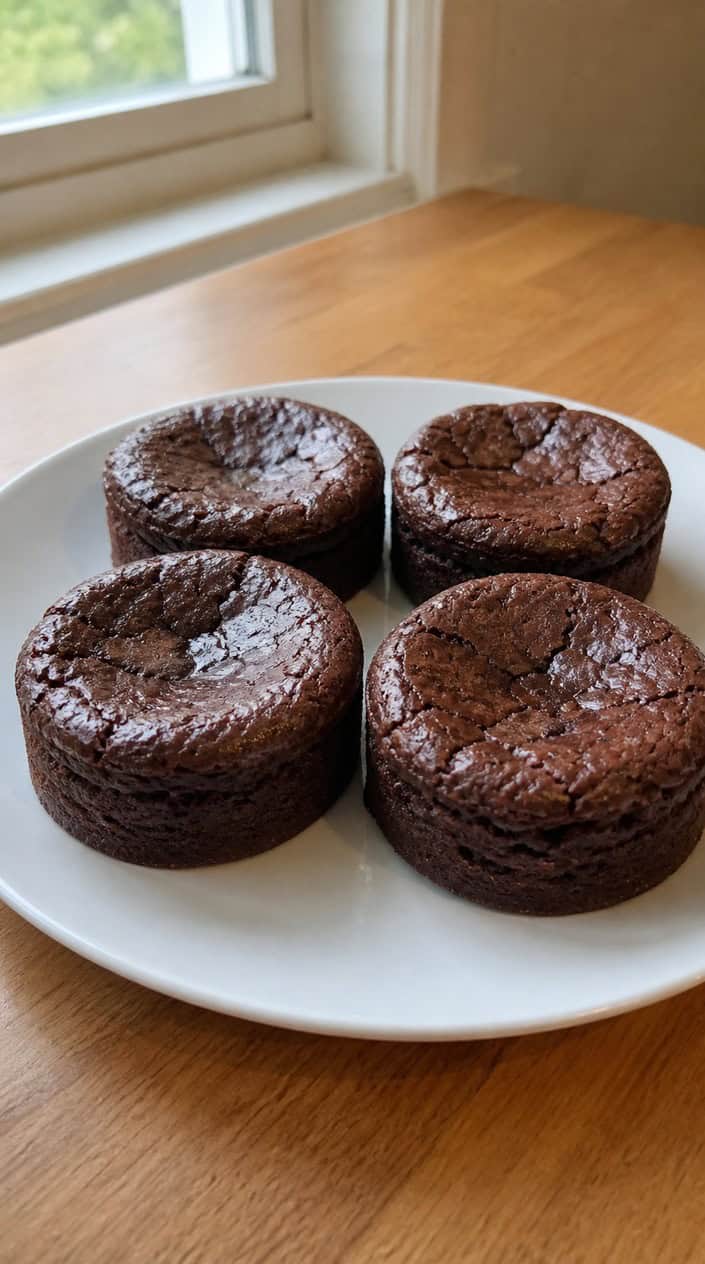 Four small dark chocolate tortes on a round wooden board, each garnished with two fresh raspberries and a small mint sprig, with a matte dark background.