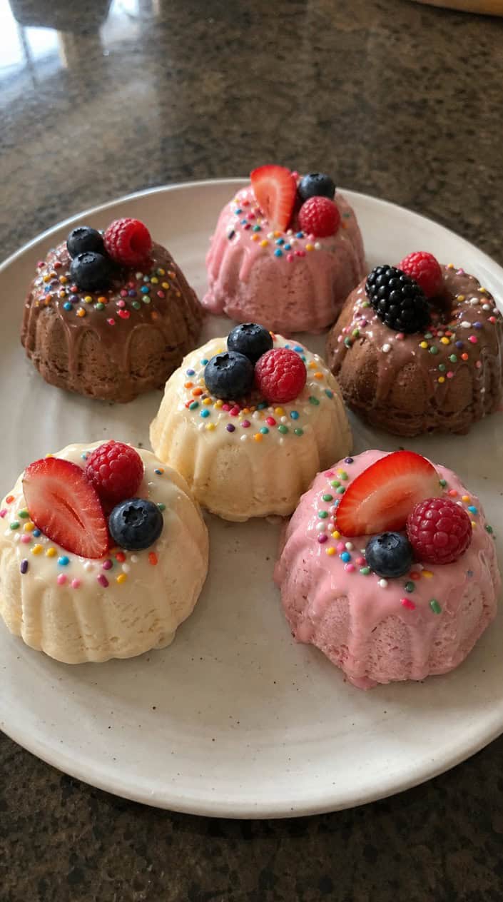 Several mini ice cream bundt cakes with colorful toppings arranged on a wooden board with a blurred backyard background.