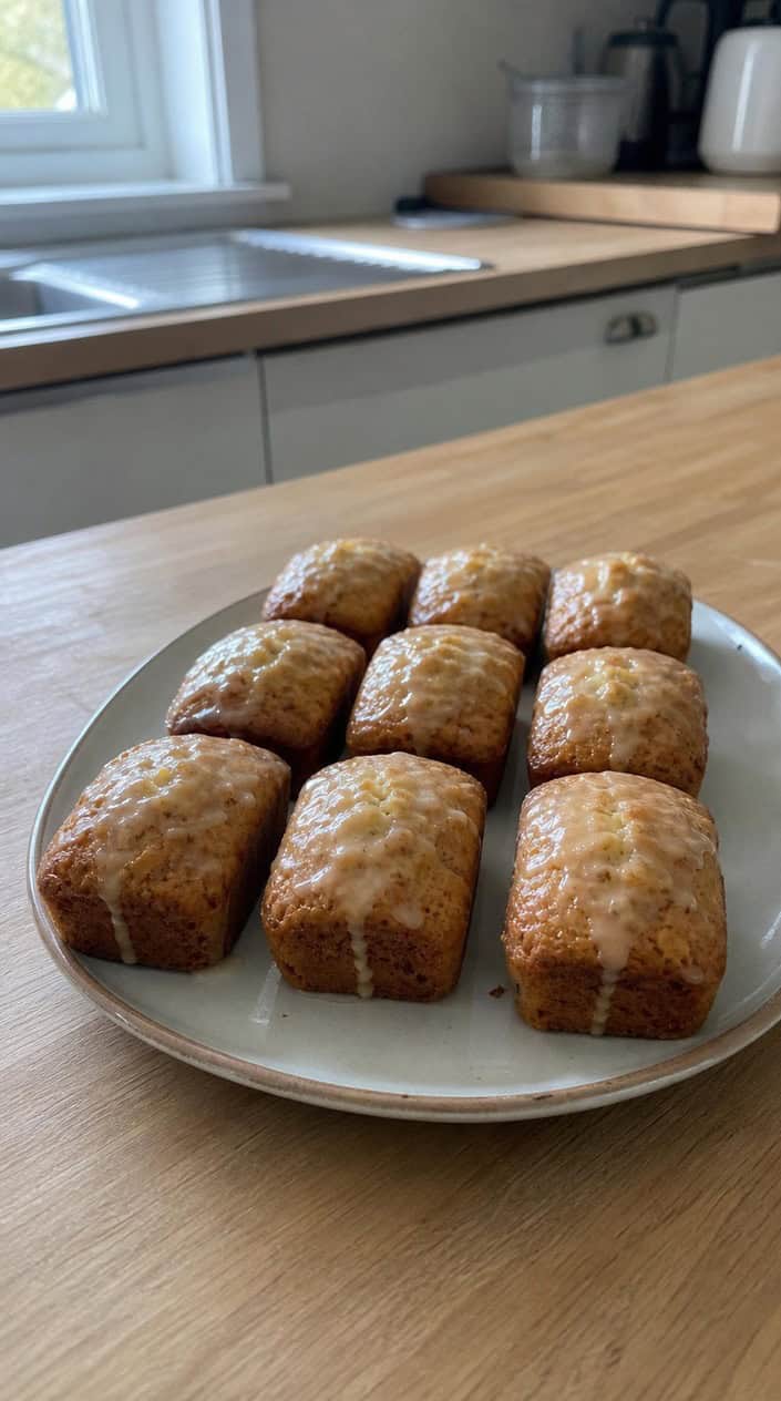 Six small golden lemon drizzle loaves on a white ceramic platter, scattered with fine lemon zest and a few mint leaves, with a matte kitchen backdrop.