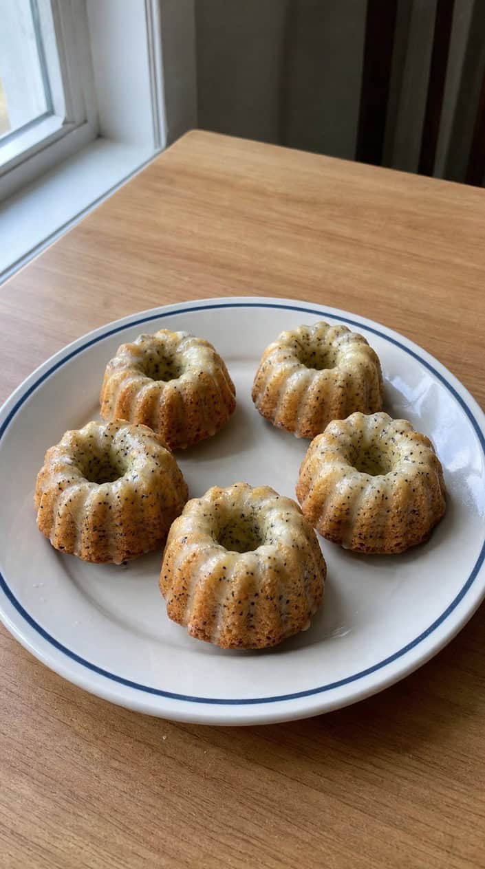 Eight small bundt-shaped lemon poppy seed cakes on a white ceramic plate, each with a glossy lemon glaze dripping down the ridges, with halved lemons and a small bowl of poppy seeds beside them on a wood surface.