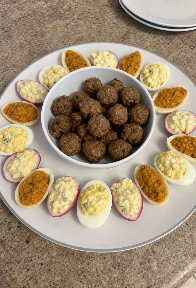 A platter of mini meatballs surrounded by various appetizers on a wooden board