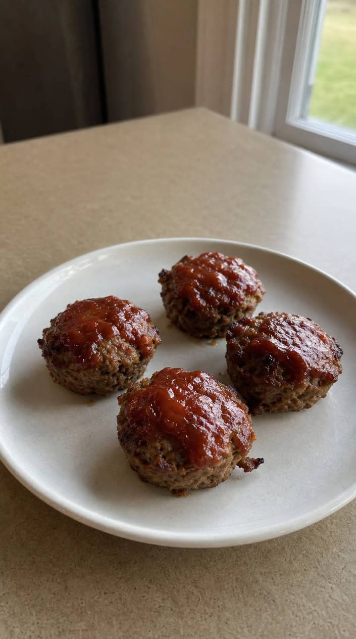 Close-up of several individual mini meatloaves on a wooden board with fresh herbs and a small bowl of tomato sauce in a warm kitchen setting.