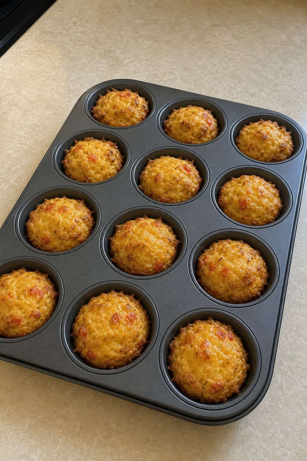 Two dozen mini hashbrown breakfast casserole bites in a muffin tin on a wood table, with crispy golden edges and visible bits of ham and green onion on top.