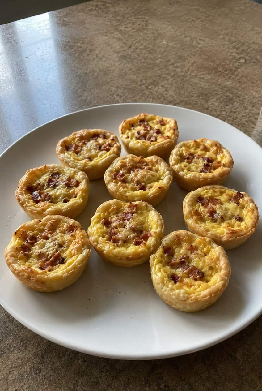 Several golden-topped mini quiche Lorraine on a weathered wooden serving board, with a loosely folded linen napkin and a small cluster of fresh herbs in the background.