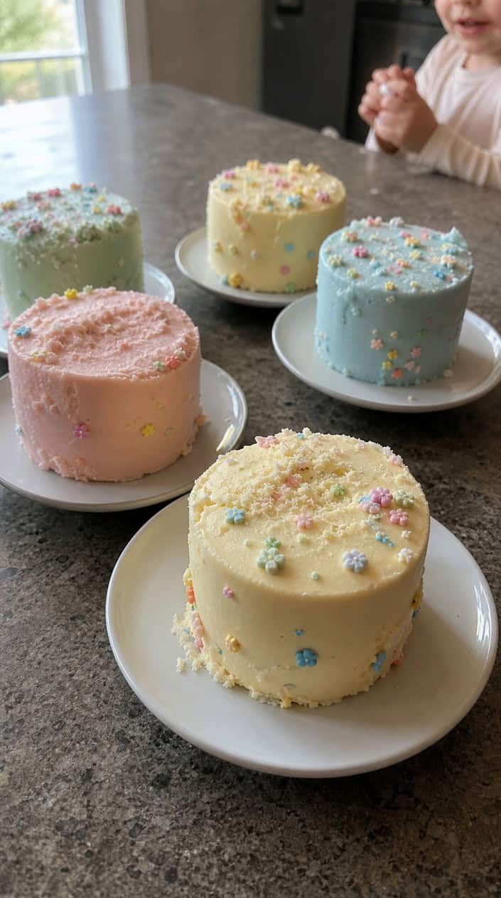 A set of small pastel-colored mini cakes decorated with flowers and sprinkles arranged on a wooden table with balloons and confetti nearby.
