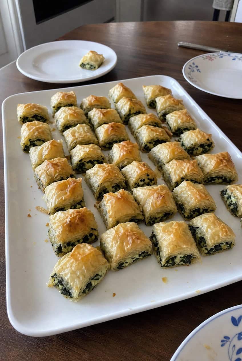 A wooden board with rows of golden-brown mini spanakopita in fluted phyllo shells, with visible dark green spinach filling, surrounded by fresh spinach leaves and lemon wedges.