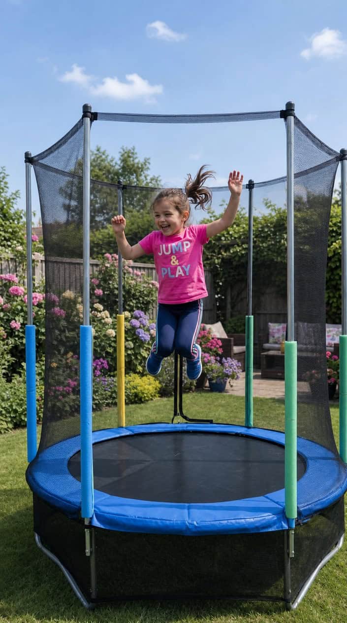 A child jumping on a mini-trampoline with a safety net in a sunny backyard.