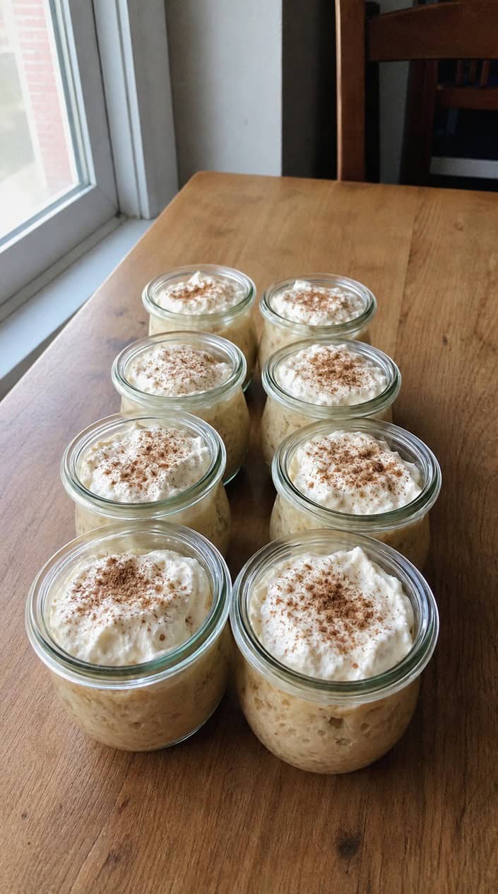 Six small glass ramekins filled with sponge cake soaked in three milks, each topped with a swirl of whipped cream and a dusting of ground cinnamon, with a silver spoon and a few mint leaves on the side.