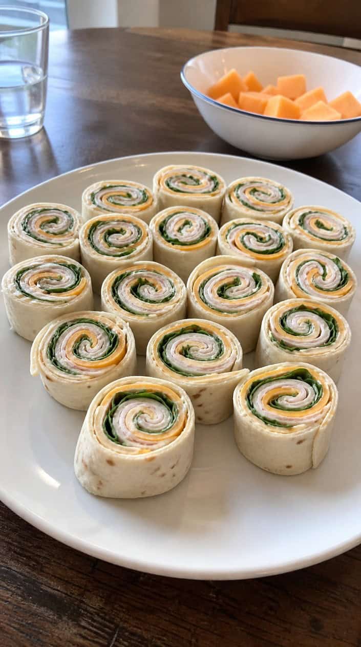 A plate of mini turkey-and-cheddar pinwheels on a wooden table with fresh ingredients around them.