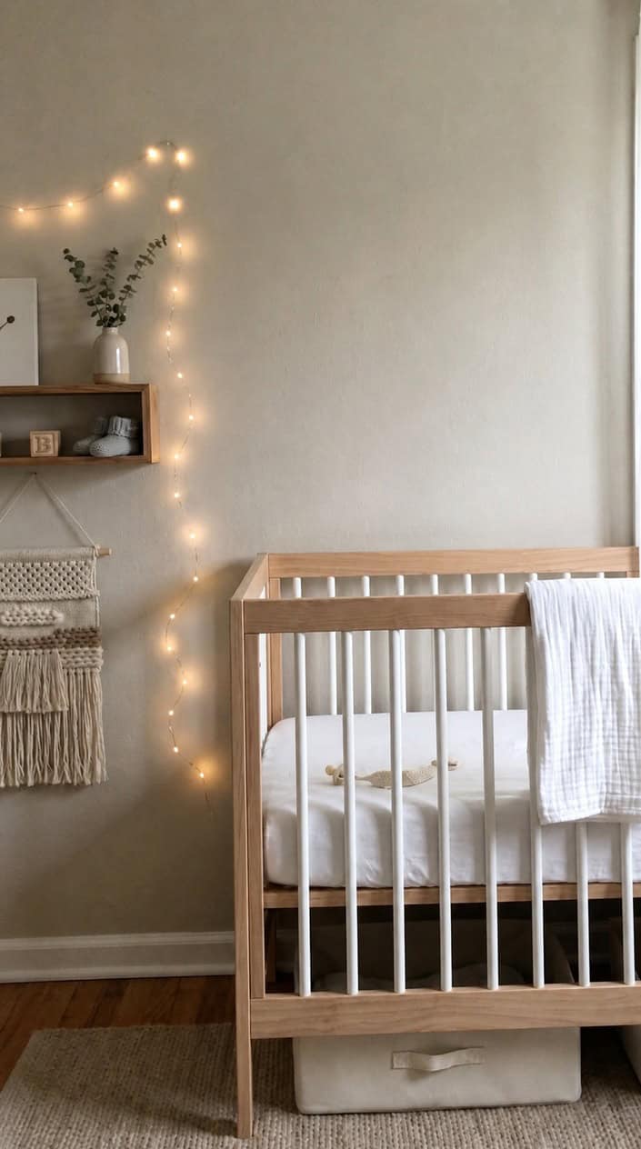 A minimalist newborn crib corner with white bedding and warm string lights hanging to the side in a softly lit nursery.