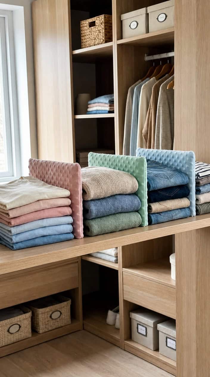 Closet shelf with neatly folded clothes separated by soft padded shelf dividers in a clean, organized closet.