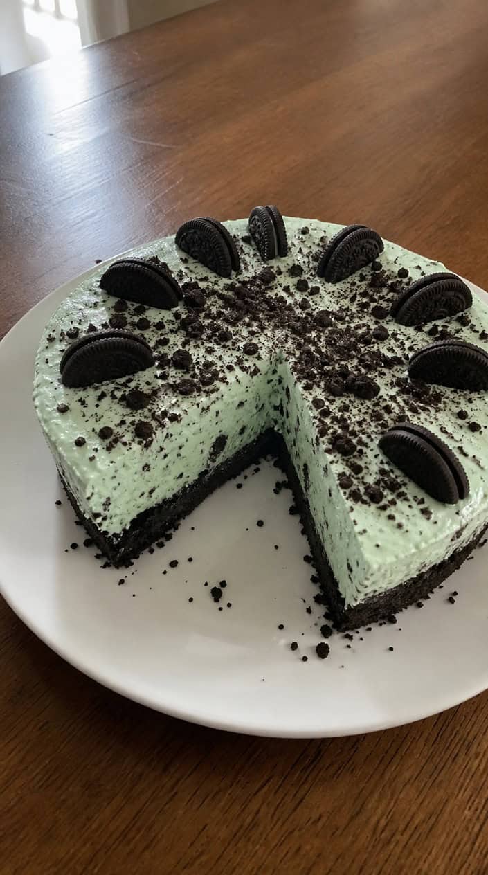 A slice of mint chocolate chip ice cream cake with an Oreo crust on a white plate, garnished with mint leaves and Oreo cookies on a wooden table.