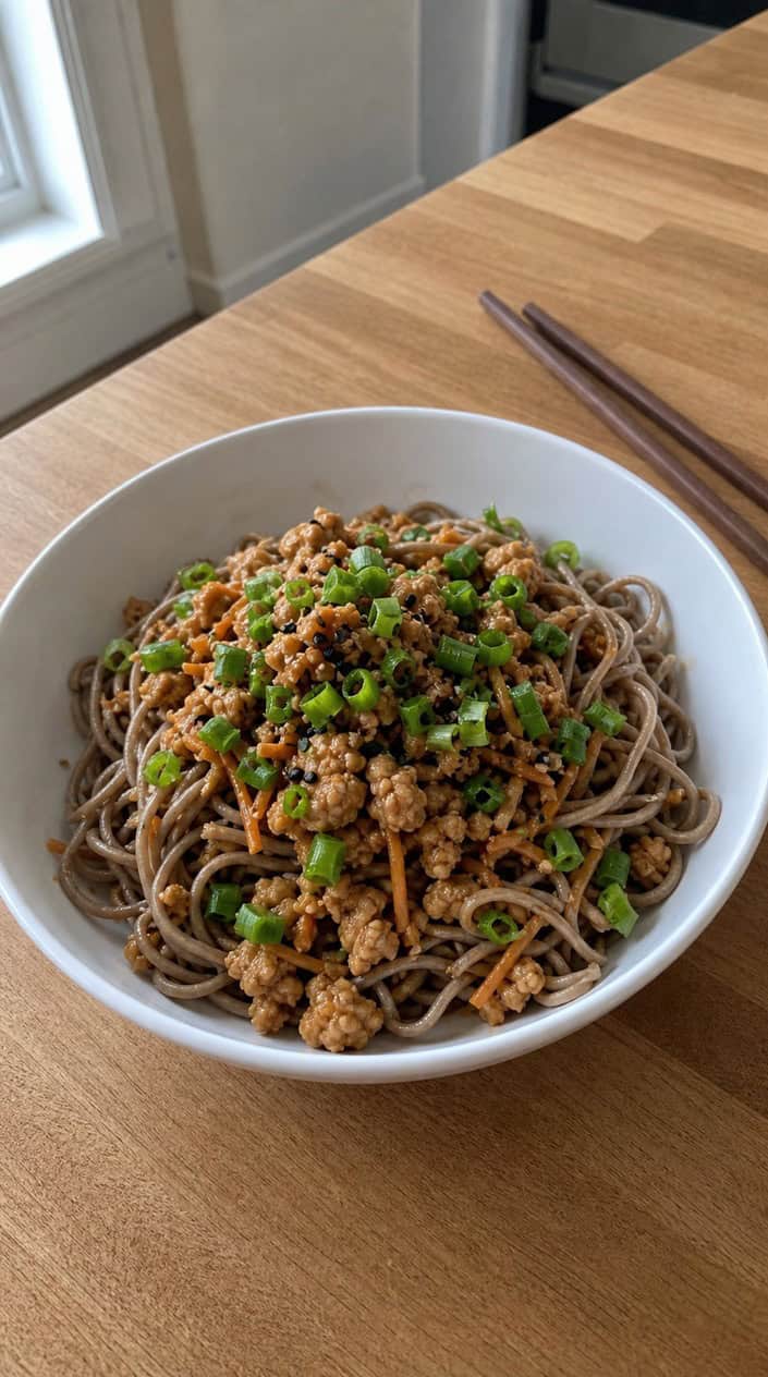A bowl of miso-ginger ground chicken soba noodles garnished with green onions and sesame seeds on a wooden table with chopsticks beside it.