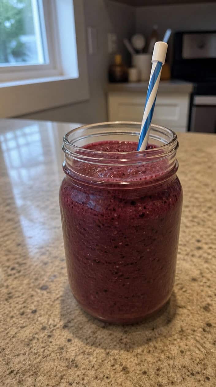 A glass jar filled with a deep violet mixed berry chia smoothie, topped with a cluster of fresh raspberries and blueberries, sitting on a wooden table with a softly blurred kitchen behind it.
