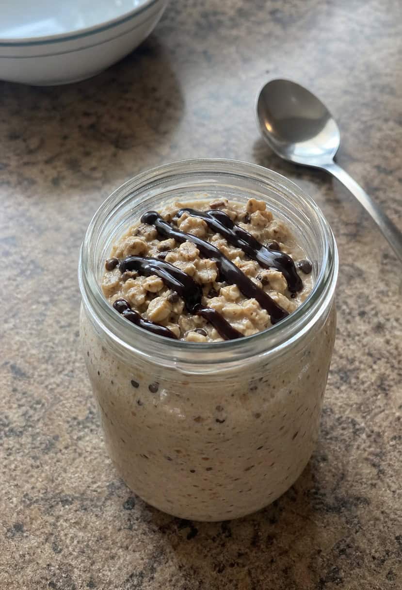 A glass jar filled with mocha overnight oats, surrounded by scattered coffee beans and a drizzle of chocolate syrup