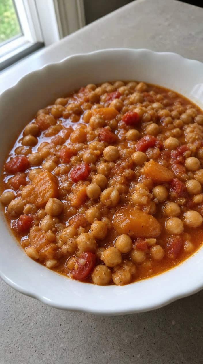 A bowl of Moroccan chickpea stew with apricots garnished with fresh herbs on a wooden table with cooking ingredients in the background.