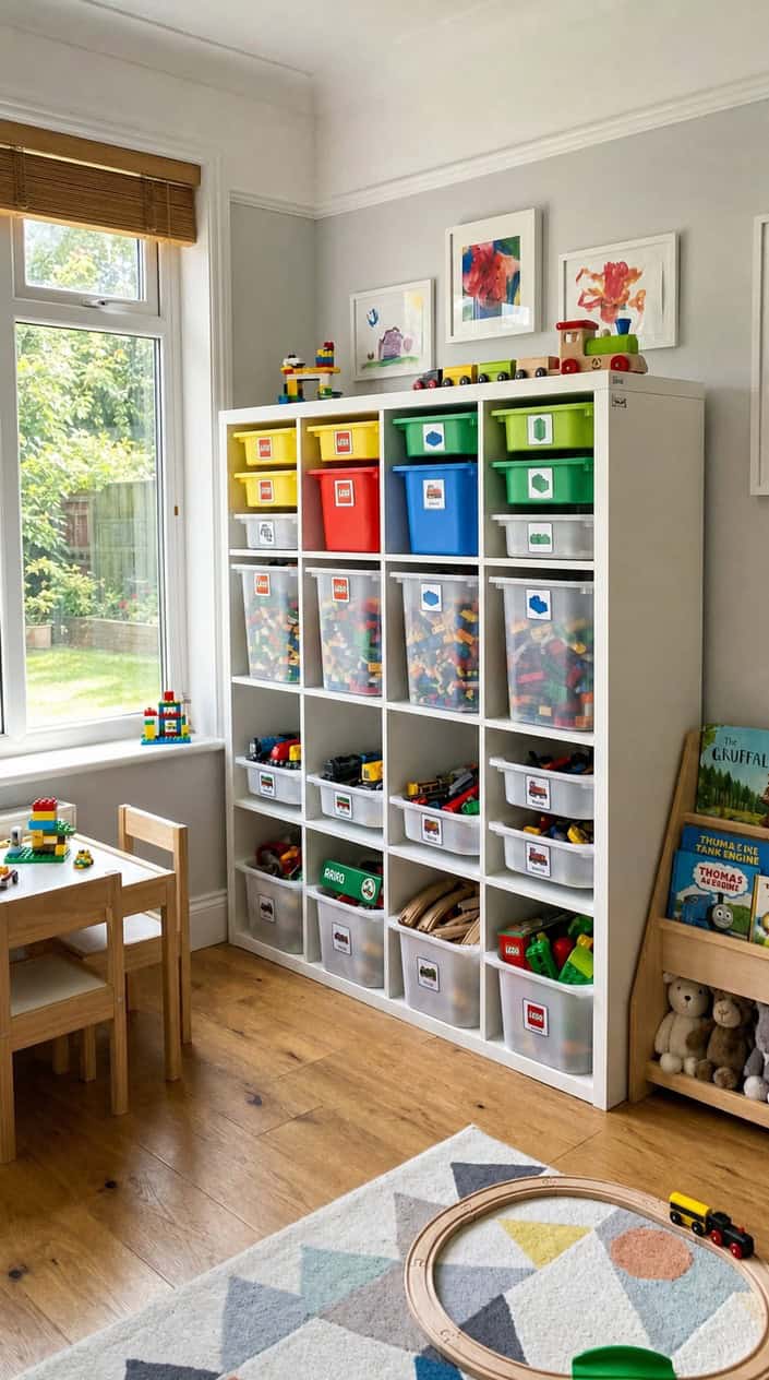 A children's room with a white shelving unit holding multiple storage bins filled with LEGO bricks and model trains.