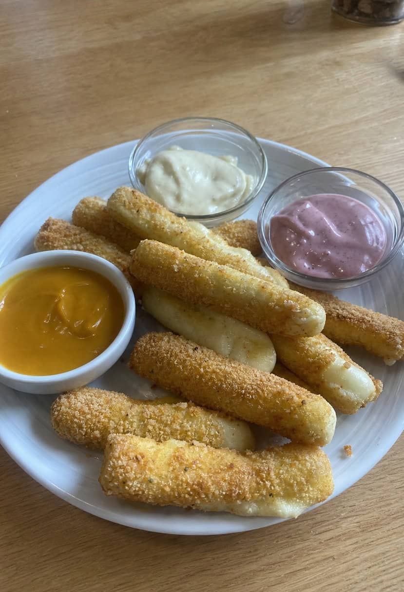 A plate of mozzarella sticks surrounded by various dipping sauces on a wooden serving board