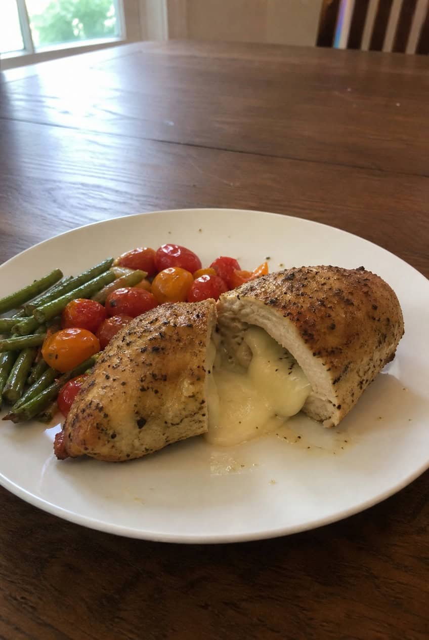 A sliced mozzarella-stuffed chicken breast on a white plate showing melted cheese stretching from the center, garnished with fresh basil and served alongside roasted zucchini.