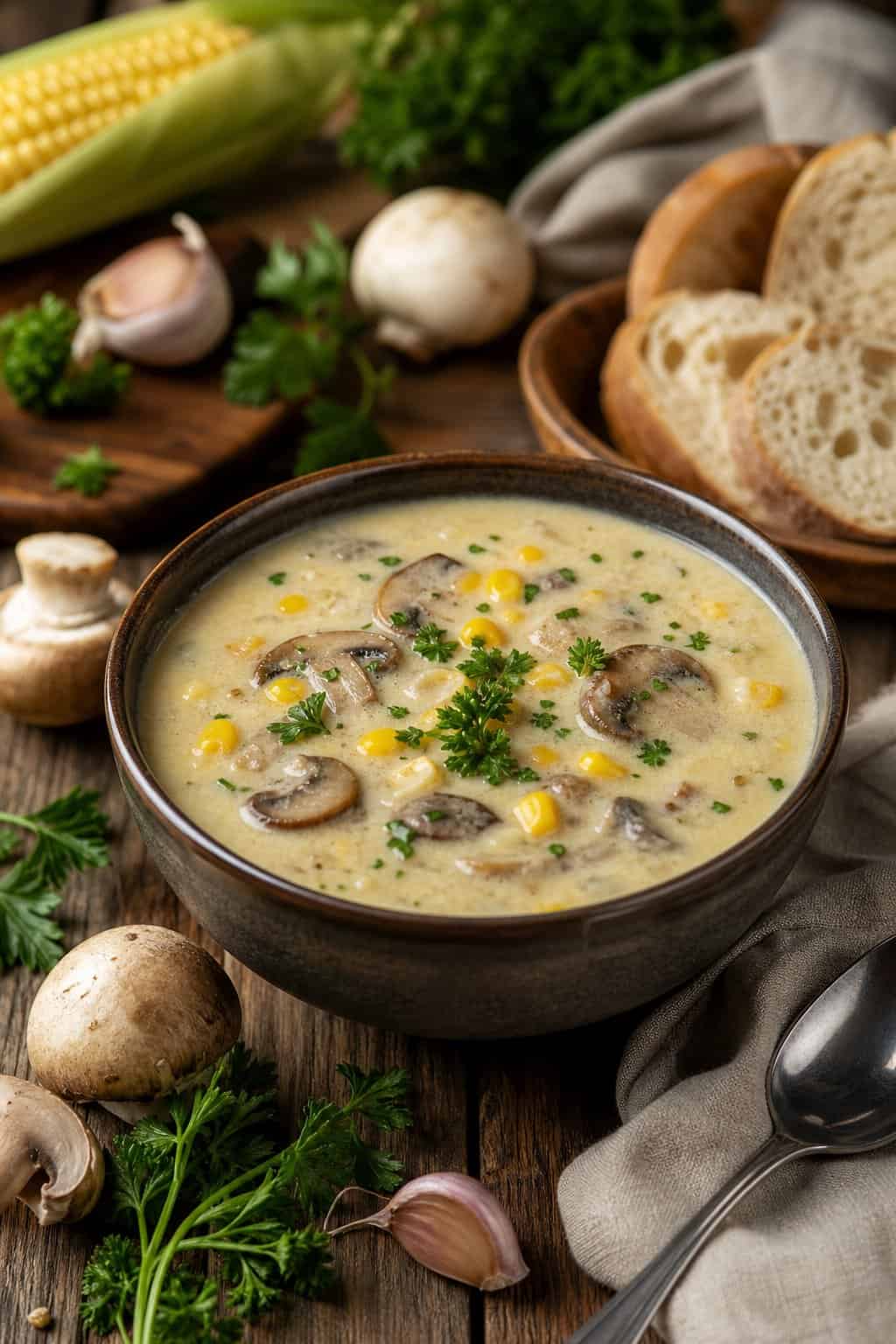 A bowl of creamy mushroom and corn soup garnished with herbs on a wooden table surrounded by fresh ingredients and kitchen items.