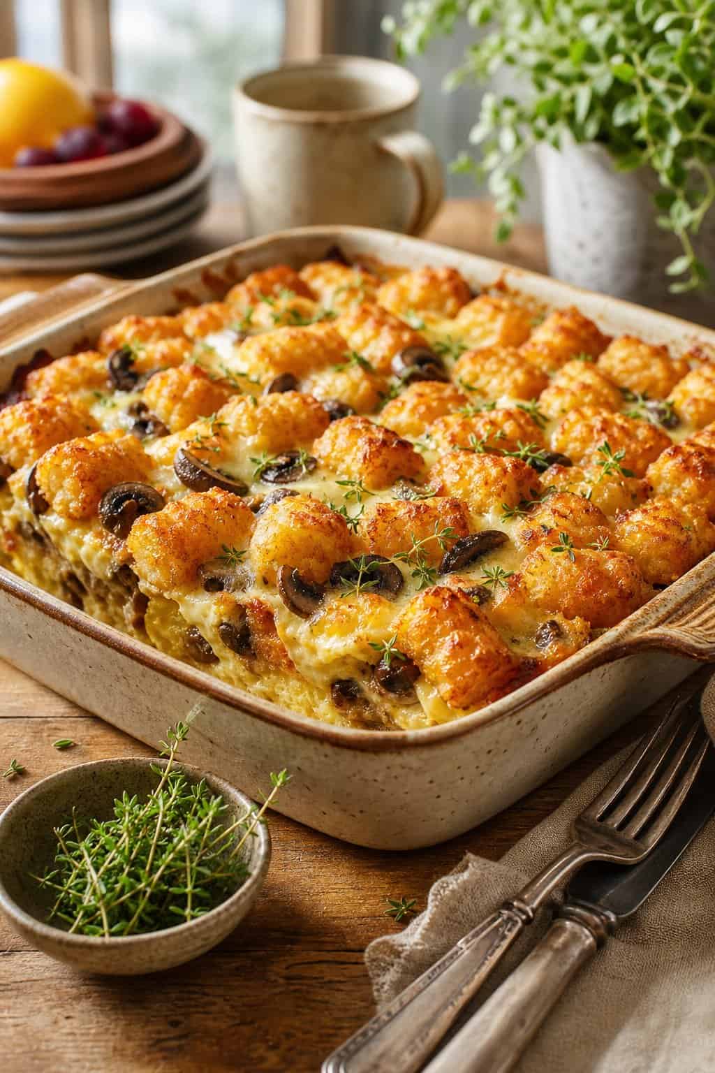 A baked mushroom, gruyere, and thyme tater tot breakfast casserole in a ceramic dish on a wooden table with fresh thyme nearby.