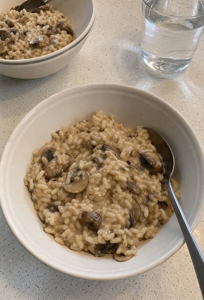 A steaming pot of creamy mushroom risotto simmers on a stovetop, surrounded by ingredients like arborio rice, mushrooms, and a ladle