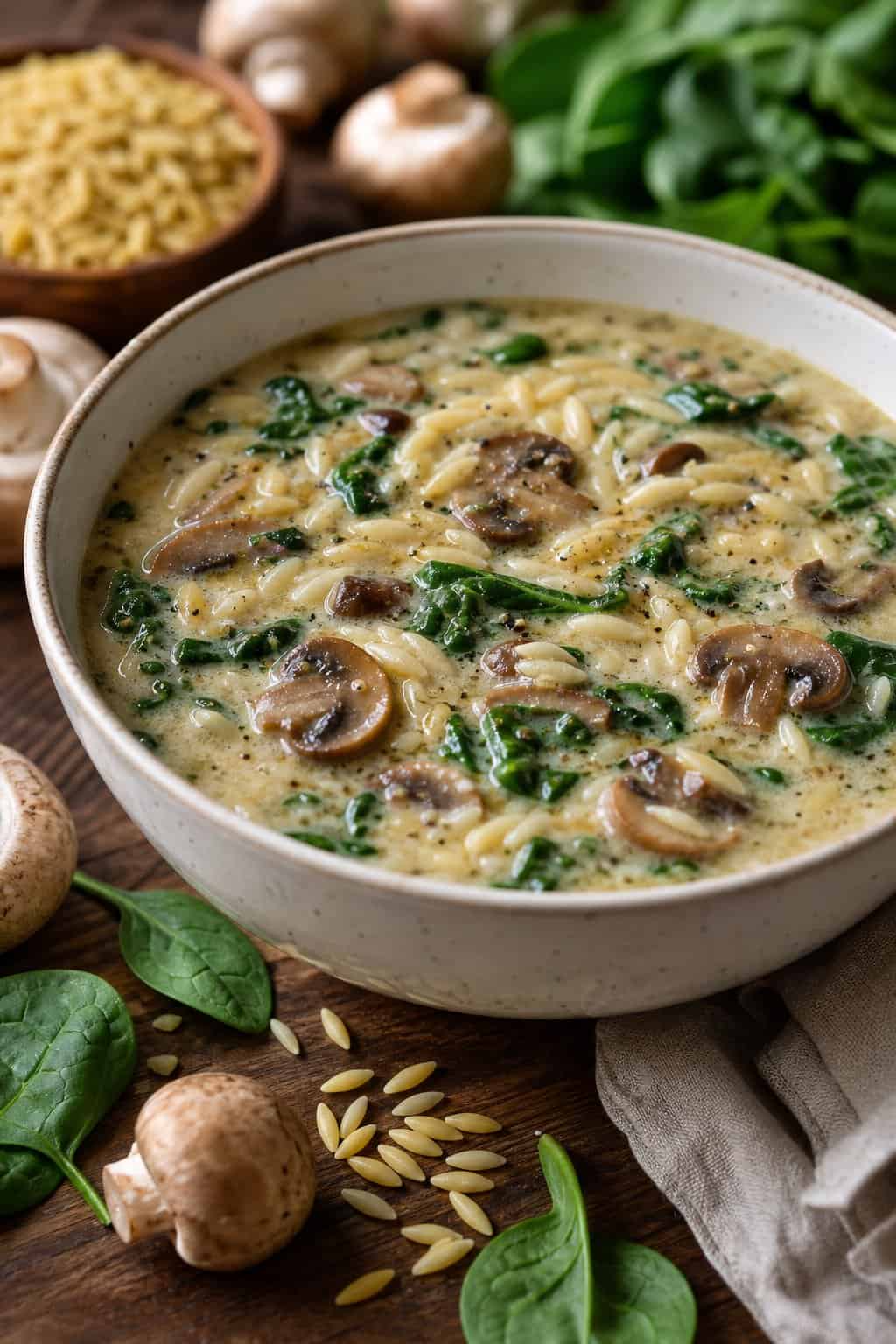 A bowl of creamy mushroom, spinach, and orzo soup on a wooden table with fresh mushrooms and spinach nearby.