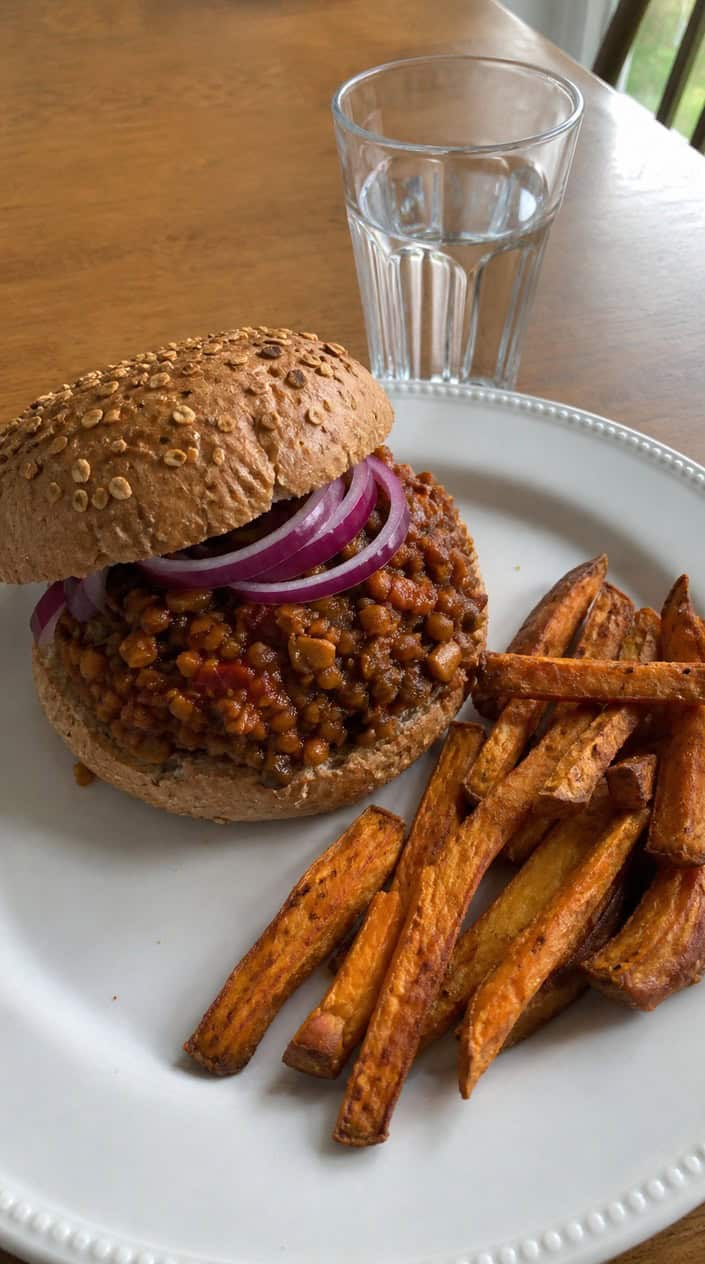 A mushroom and walnut sloppy joe on a whole grain bun with shredded lettuce and thin-sliced red onion, plated beside a small pile of sweet potato fries and a parsley sprig.