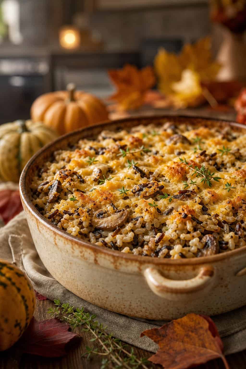 A mushroom and wild rice casserole in a ceramic dish on a wooden table with autumn decorations around it.