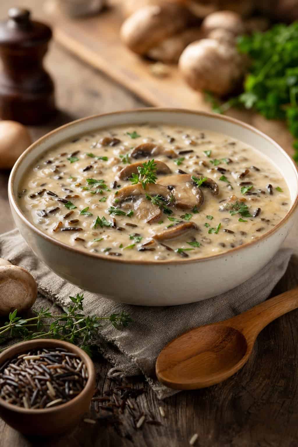 A bowl of creamy mushroom and wild rice soup garnished with fresh herbs on a wooden table with mushrooms and wild rice nearby.