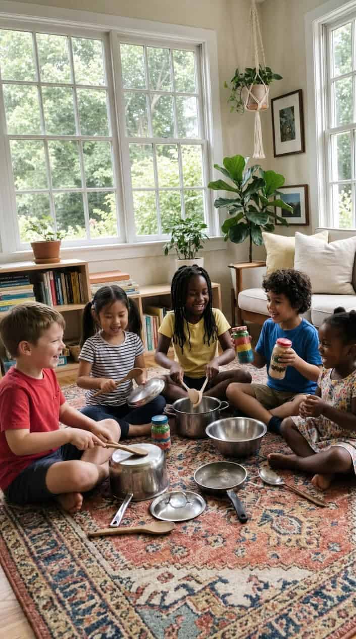 Children playing music indoors using pots, spoons, and rice shakers, sitting on a colorful rug in a sunlit living room.
