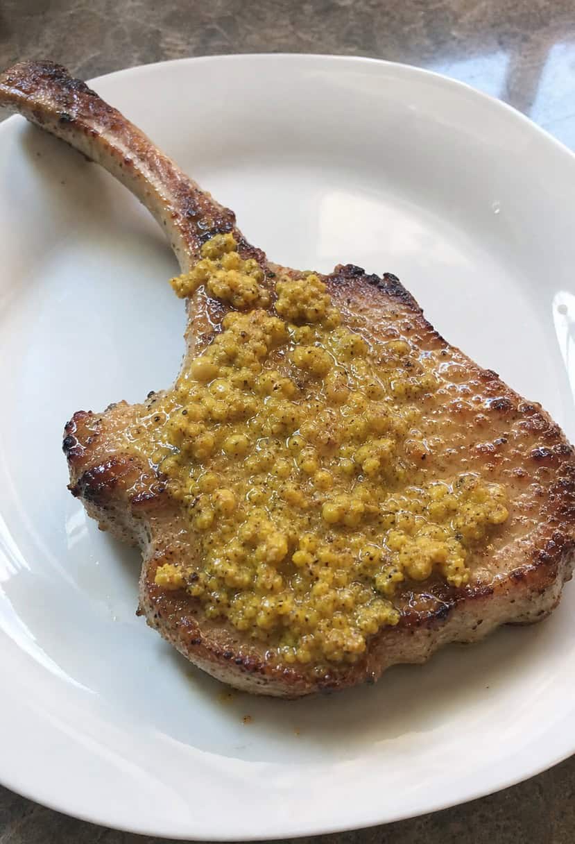 A sizzling pork chop with a golden mustard crust, surrounded by fresh herbs and spices on a wooden cutting board