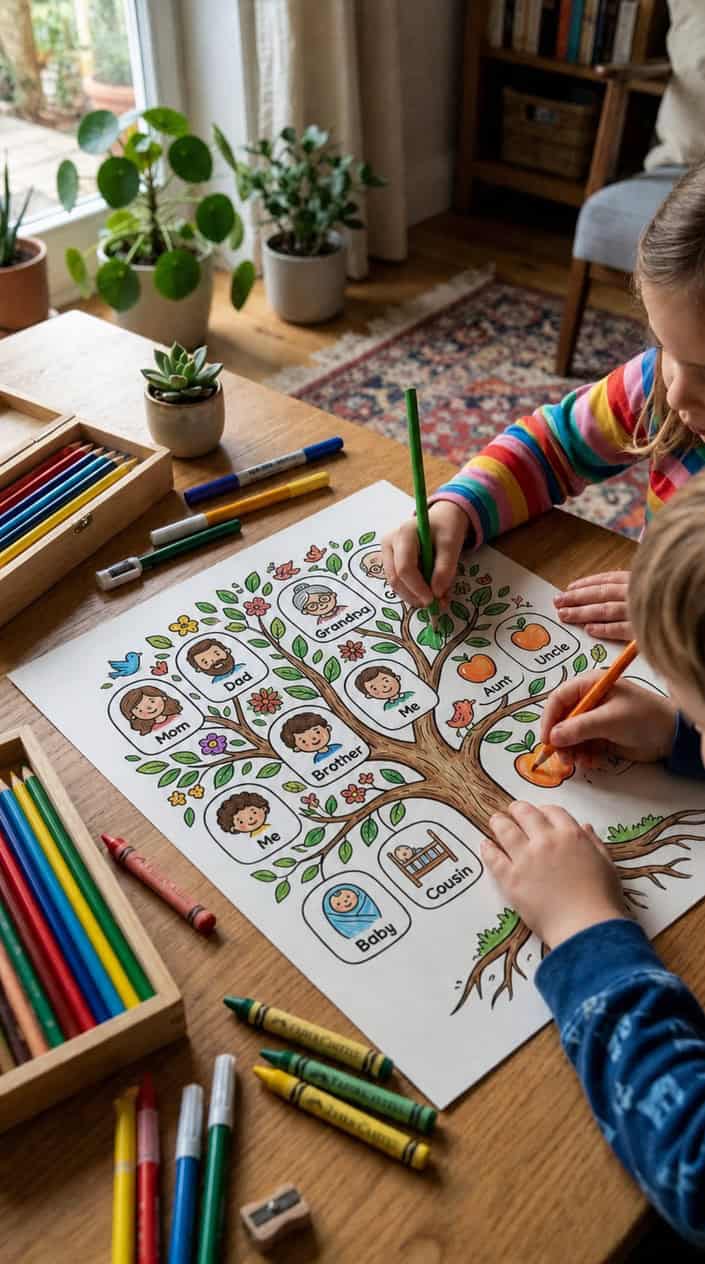 Child coloring a family tree worksheet with colored pencils on a wooden table.