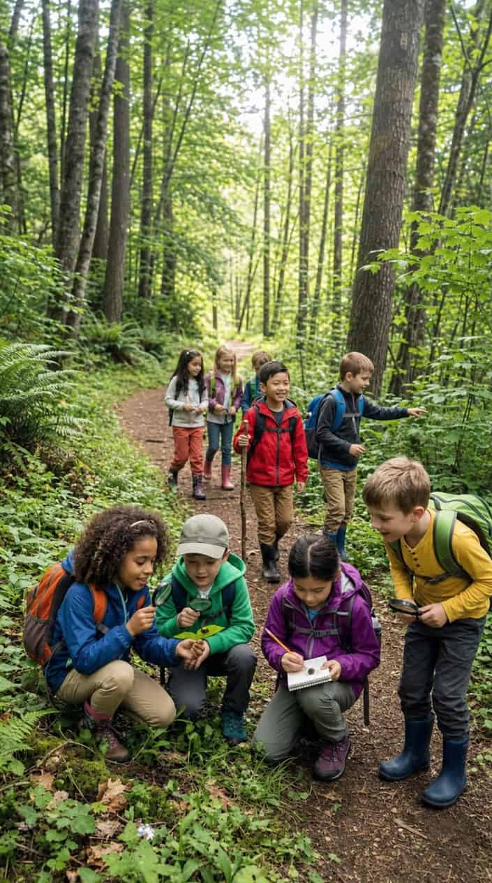 Physical Activities for Kids to Burn Off Energy 8 Children hiking in a forest, examining leaves and insects while exploring nature.